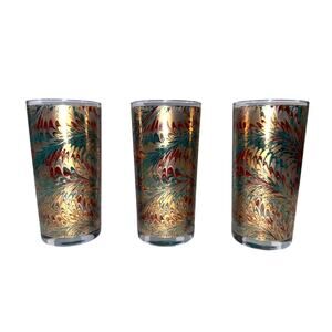 Vtg MCM Culver 12 Oz Marble Teal Double Highball Tumbler Glass 22K Gold Set 3